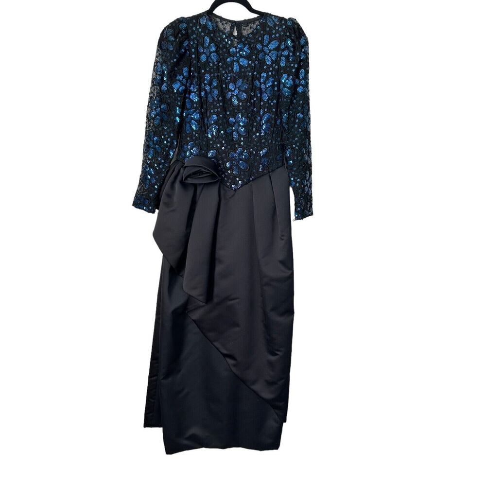 Mignon by Dorothy Farbo Dress‎ Size 4 Black Satin Blue Sequin Prom Formal Gown